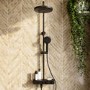 Black Round Thermostatic 3 Outlet Mixer Shower Set with Bath Filler Spout Push Buttons and Shelf- Mika