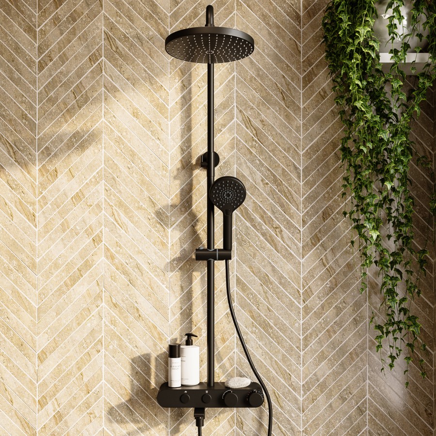 Black Round Thermostatic 3 Outlet Mixer Shower Set with Bath Filler Spout Push Buttons and Shelf- Mika