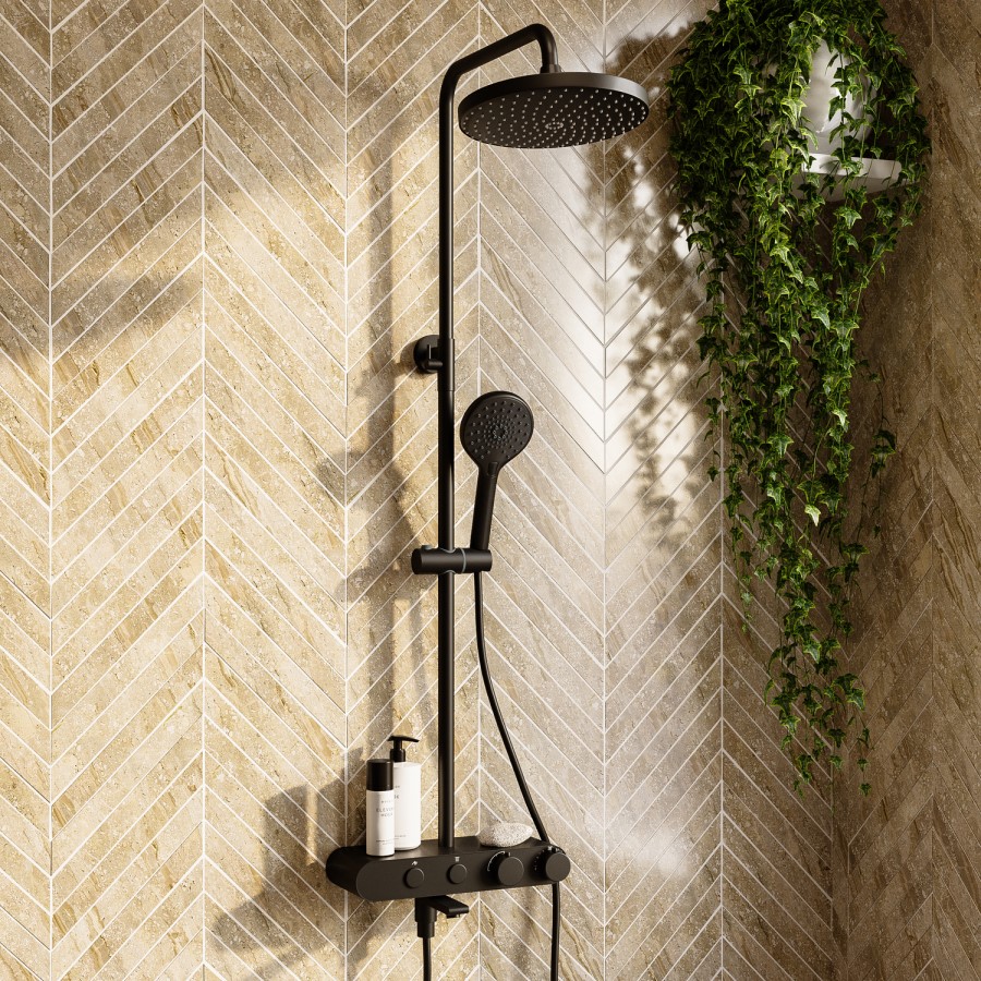 Black Round Thermostatic 3 Outlet Mixer Shower Set with Bath Filler Spout Push Buttons and Shelf- Mika