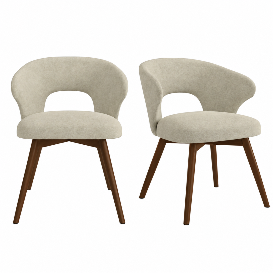 Set of 2 Beige Upholstered Swivel Dining Chairs with Walnut Legs - Mila
