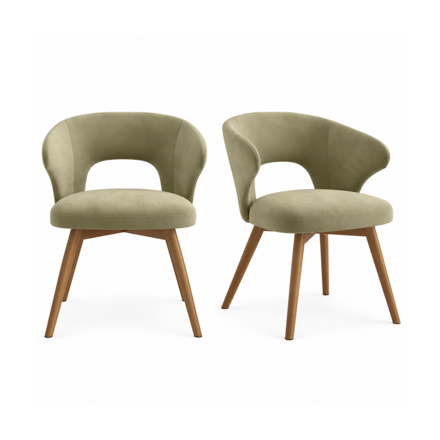 Set of 2 Sage Green Velvet Swivel Dining Chairs with Oak Legs - Mila