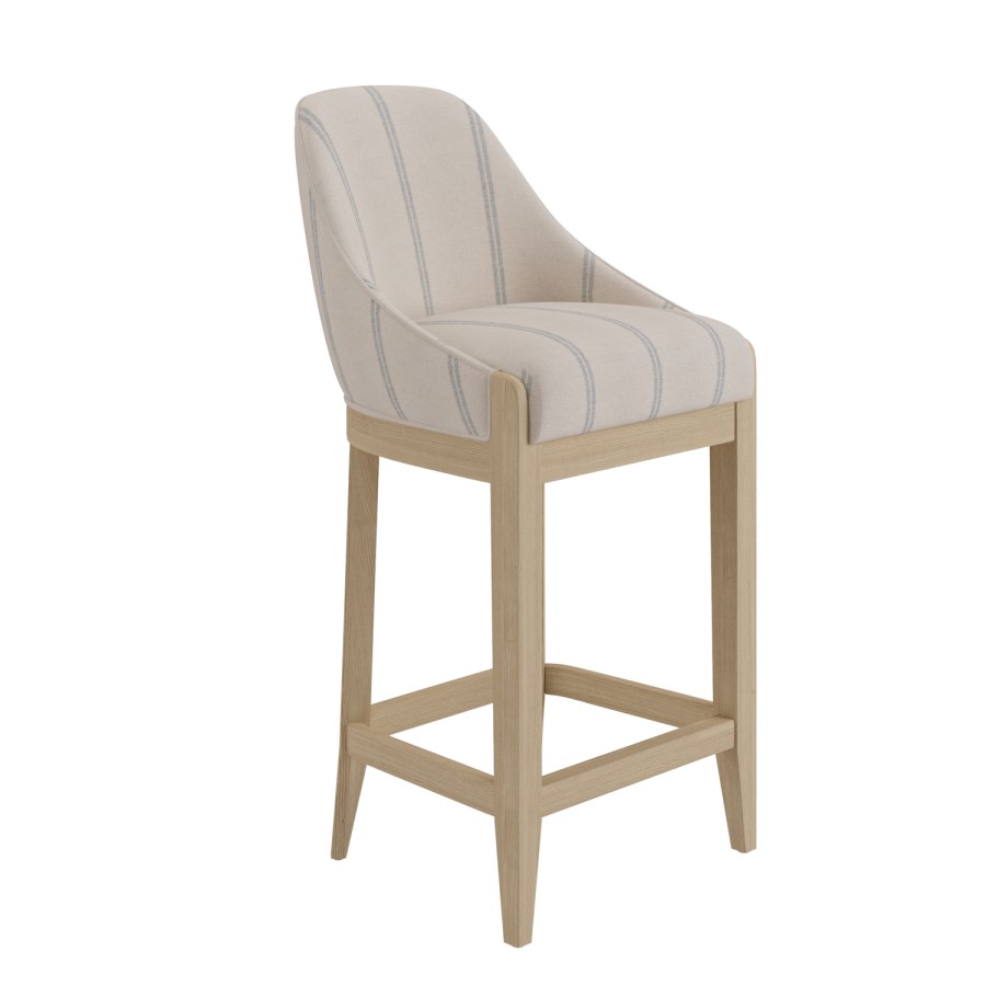 Set of 2 Beige and Blue Striped Upholstered Kitchen Stools with Solid Wood Legs - Madeline