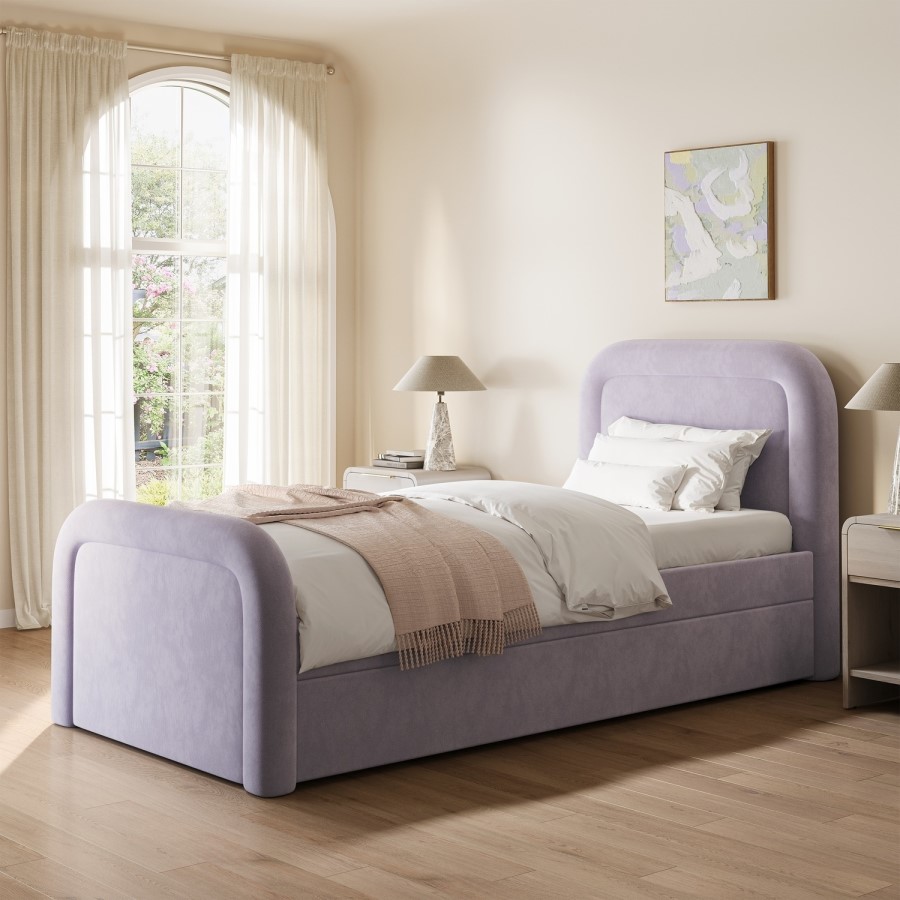 Lilac Upholstered Single Guest Bed with Trundle and Curved Headboard - Naomi