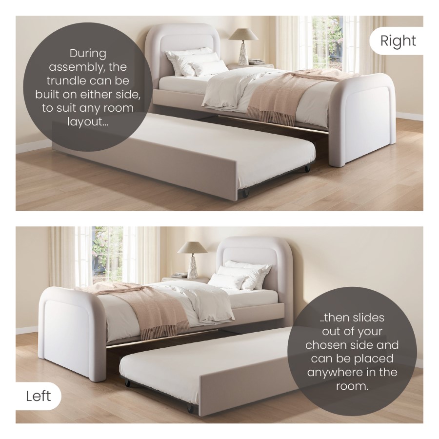Lilac Upholstered Single Guest Bed with Trundle and Curved Headboard - Naomi
