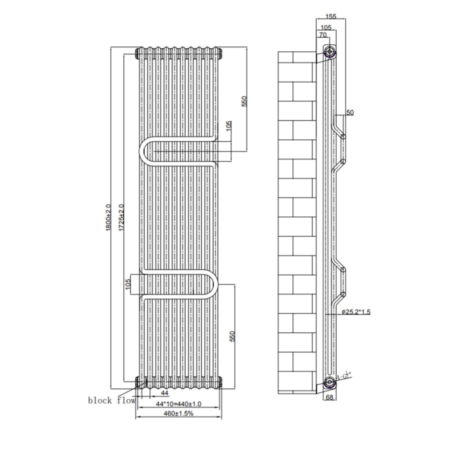 Vertical White Column Radiator with Towel Bars 1800 x 460mm - Nevis