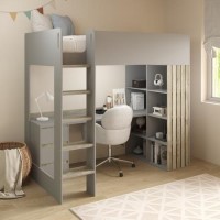 High Sleeper Loft Bed with Desk and Storage in Grey and Oak - Nelly