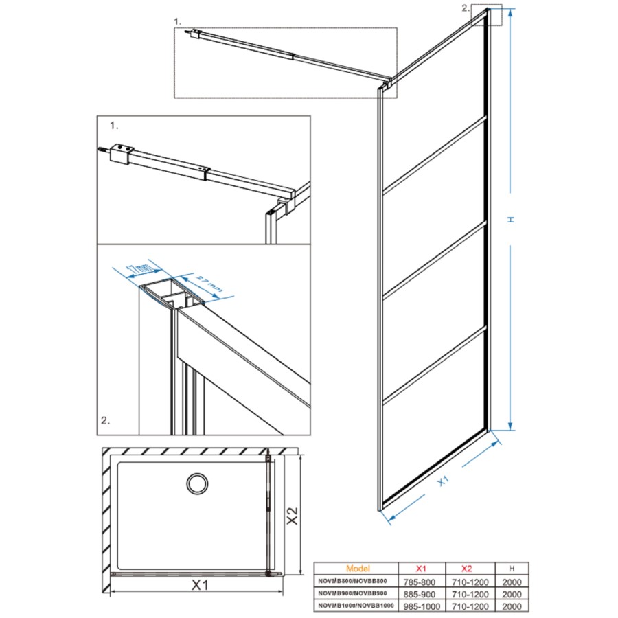 1000mm Brushed Brass Grid Shower Screen for Wet Room & Walk In Shower - Nova