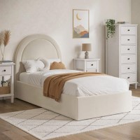 Cream Velvet Single Side-Lift Ottoman Bed with Curved Headboard - Nora