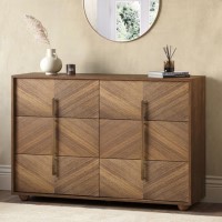 Wide Walnut Mid-Century 6 Drawer Chest of Drawers with Parquet Finish - Nikita