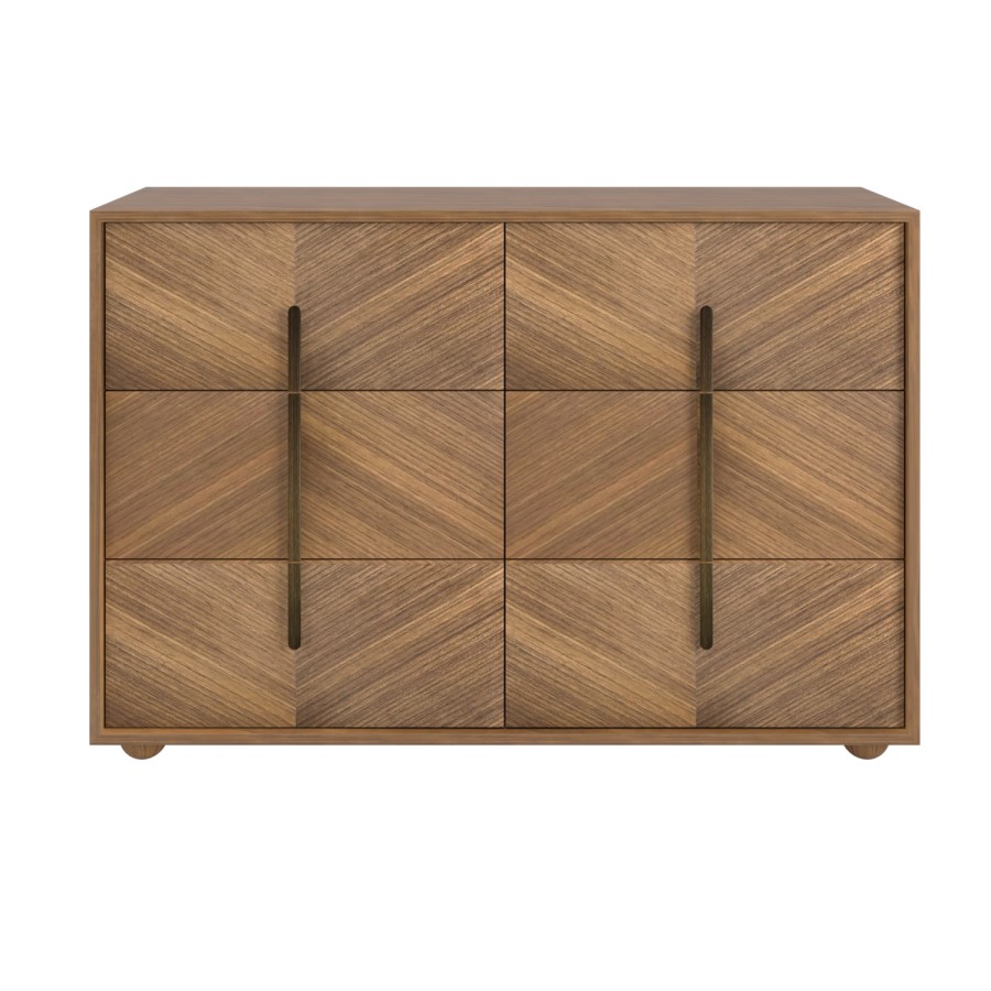 Wide Walnut Mid-Century 6 Drawer Chest of Drawers with Parquet Finish - Nikita