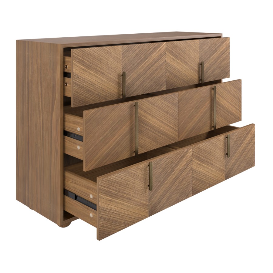 Wide Walnut Mid-Century 6 Drawer Chest of Drawers with Parquet Finish - Nikita