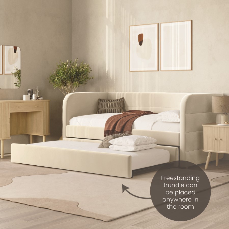 Velvet Single Day Bed with Pull Out Trundle in Beige - Newton