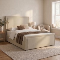 Beige Upholstered King Size Side Lift Ottoman Bed - Joan