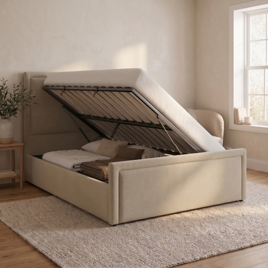 Beige Upholstered King Size Side Lift Ottoman Bed - Joan