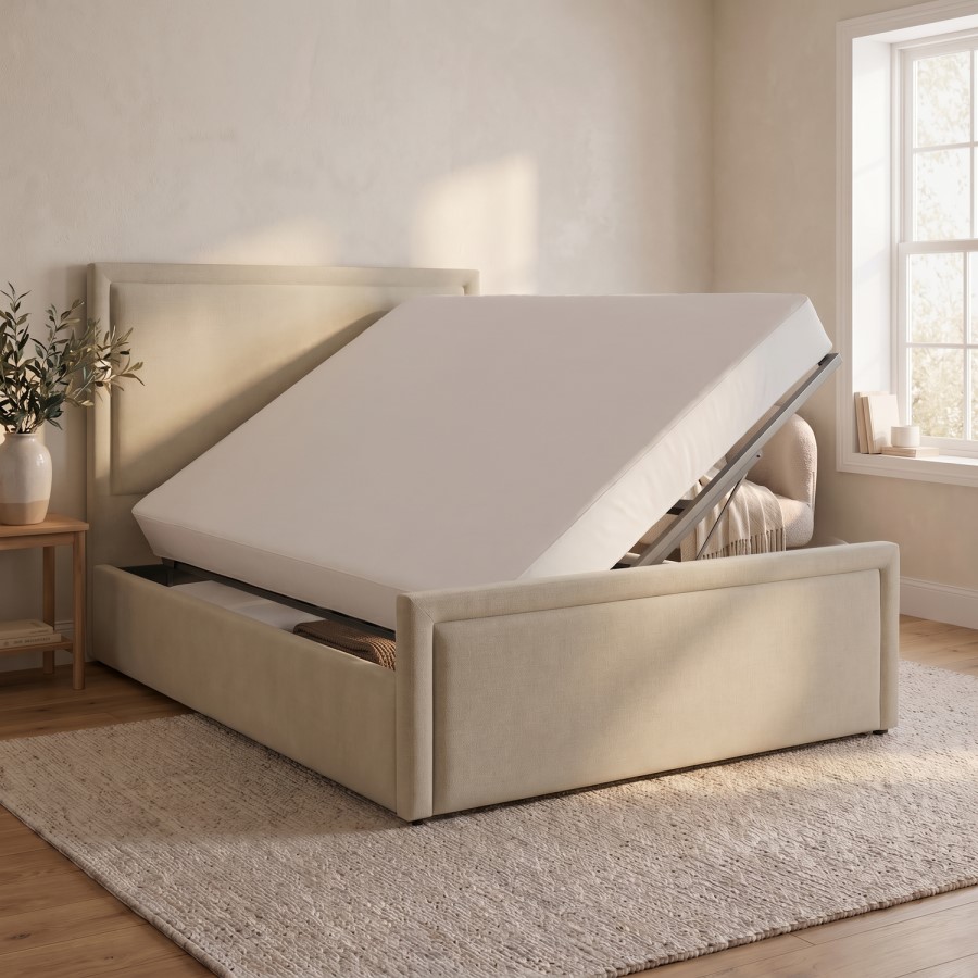 Beige Upholstered King Size Side Lift Ottoman Bed - Joan