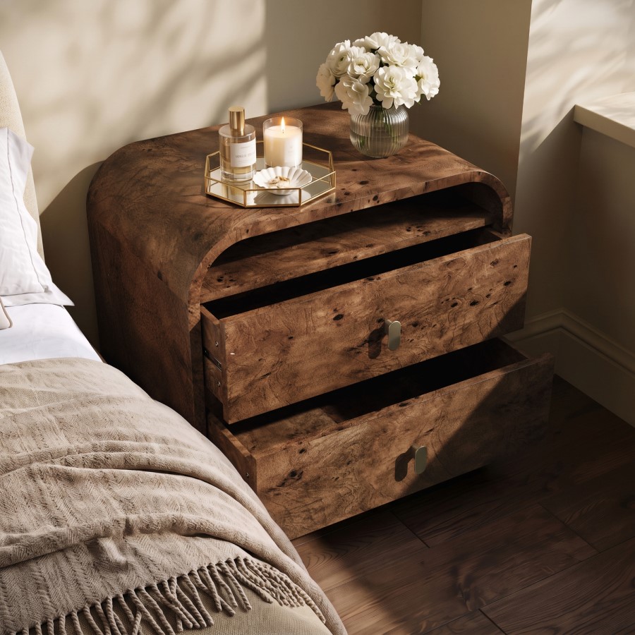 Wide Dark Burl Wood Effect 2 Drawer Bedside Table - Oriana