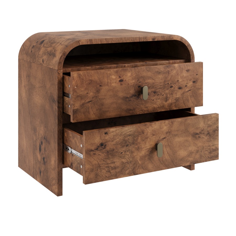 Wide Dark Burl Wood Effect 2 Drawer Bedside Table - Oriana