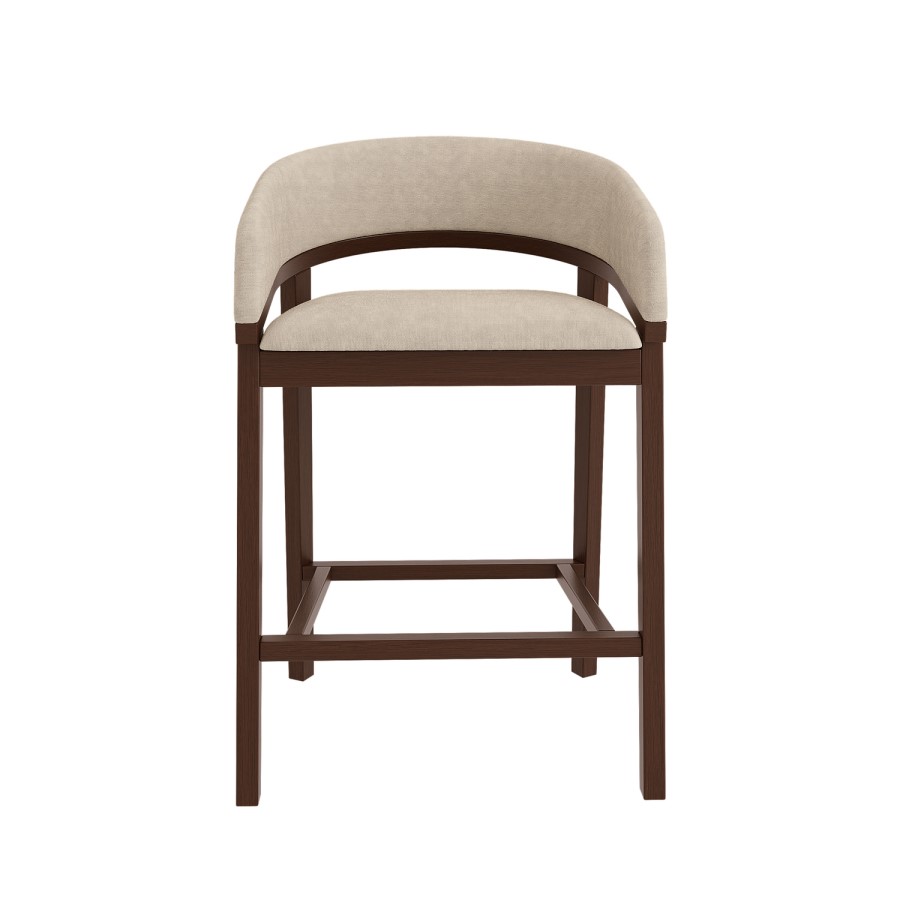 ONLY OPENED - Walnut & Beige Upholstered Curved Kitchen Stool with Back - Owen