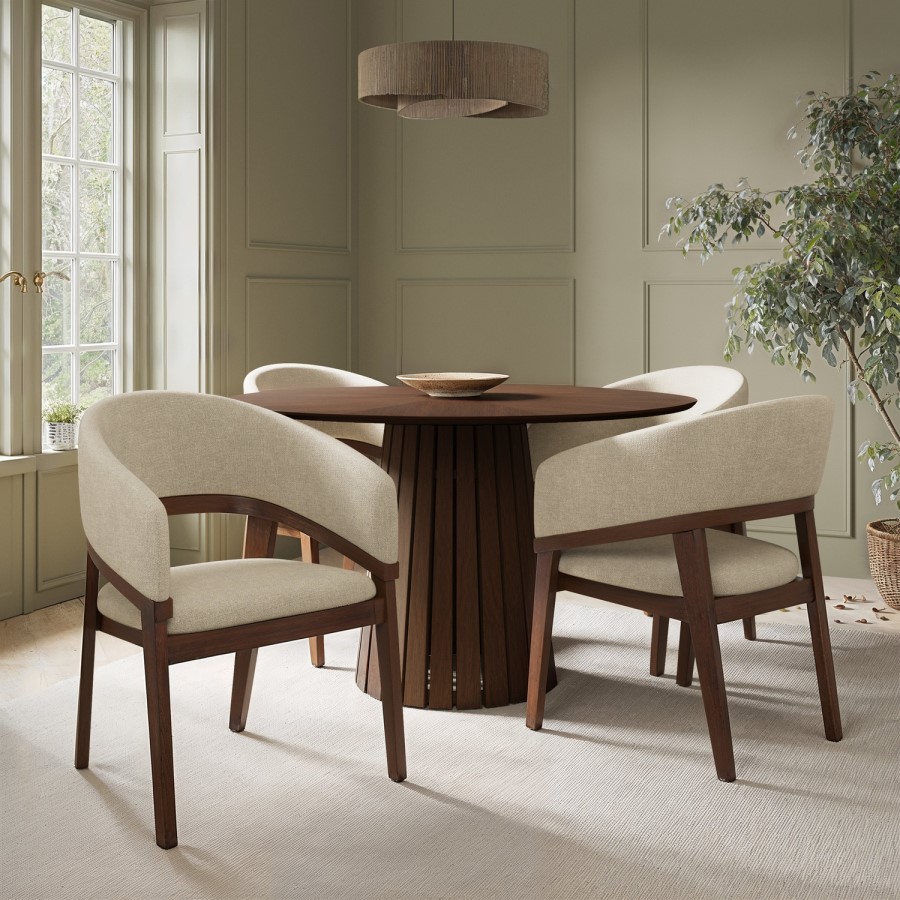 Set of 2 Walnut and Beige Upholstered Curved Dining Chairs - Owen