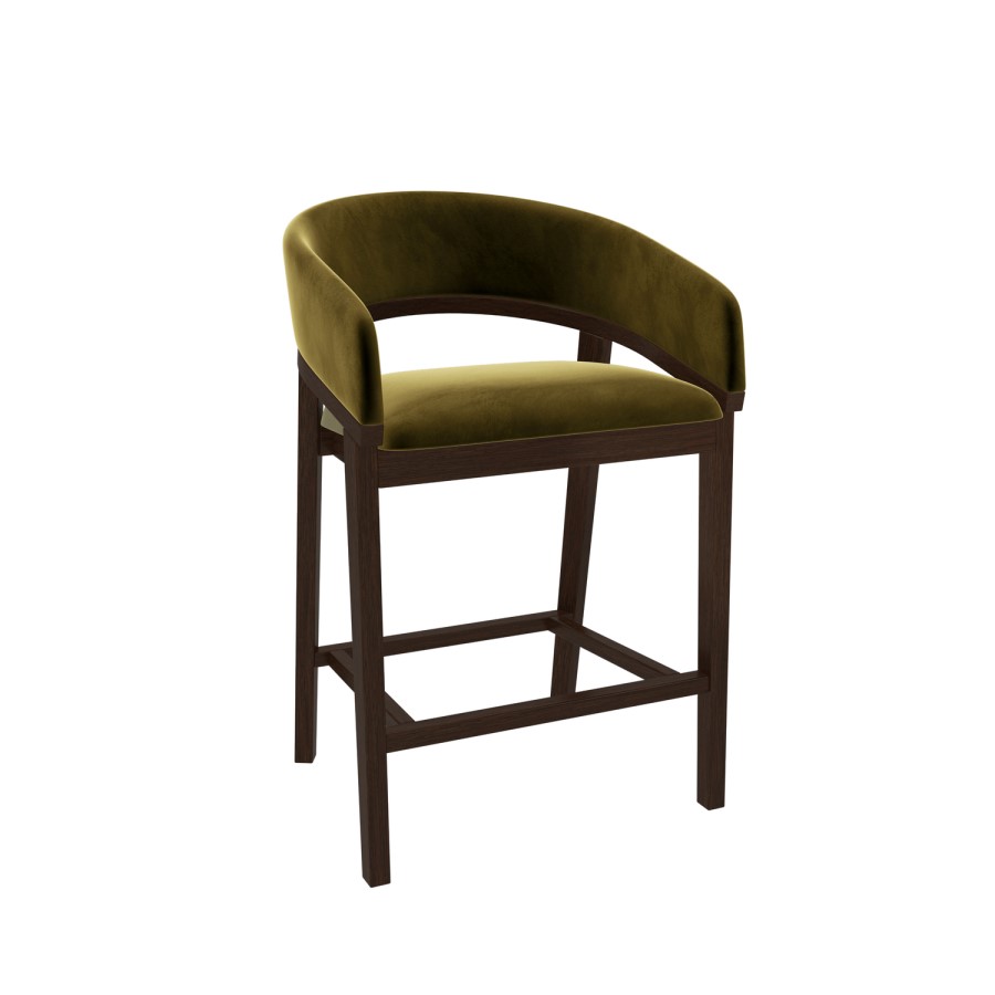 Walnut & Olive Green Velvet Curved Kitchen Stool with Back - Owen