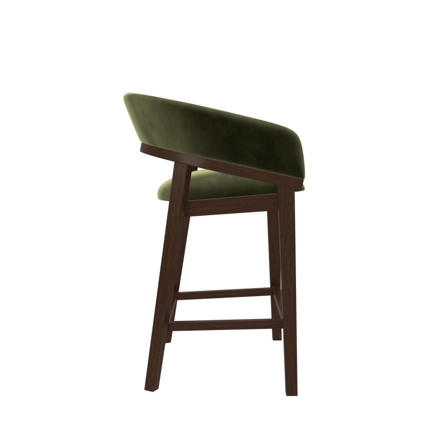 ONLY OPENED - Walnut & Olive Green Velvet Curved Kitchen Stool with Back - Owen