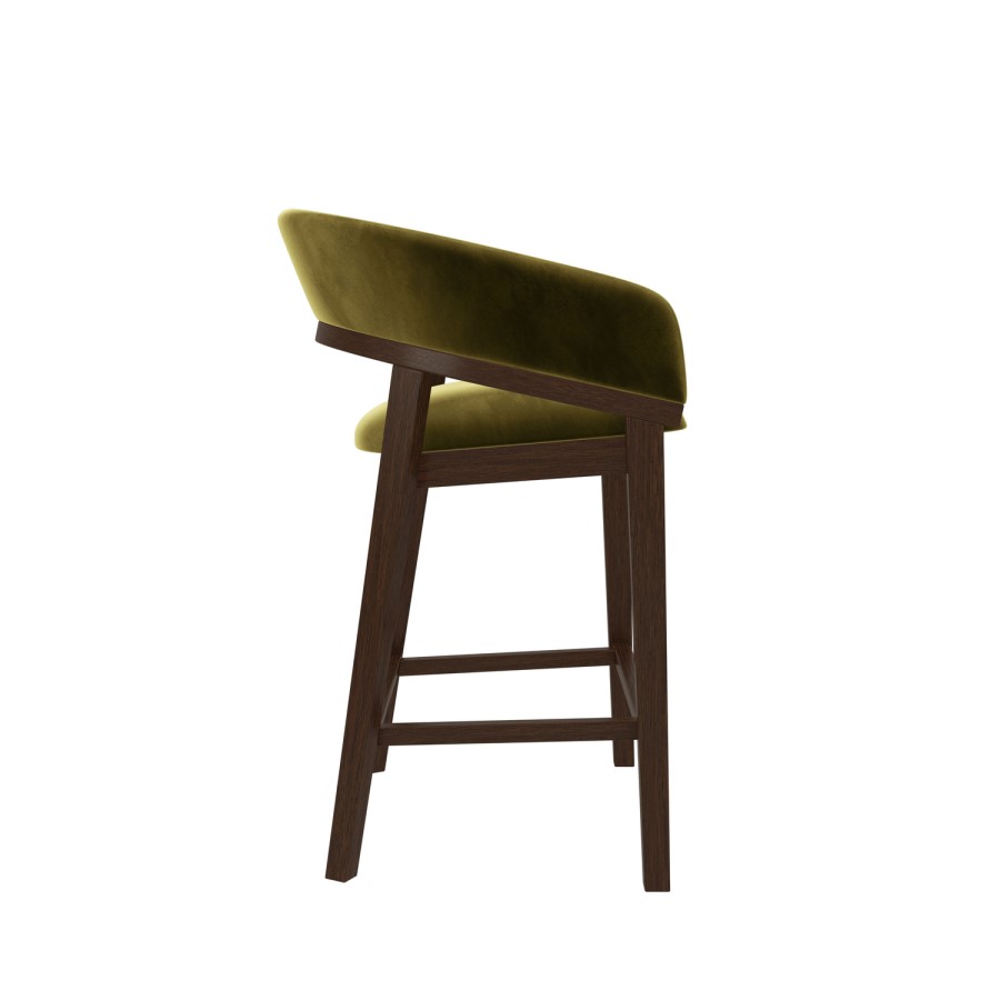 Walnut & Olive Green Velvet Curved Kitchen Stool with Back - Owen