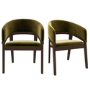 Set of 2 Walnut & Olive Green Velvet Curved Dining Chairs - Owen