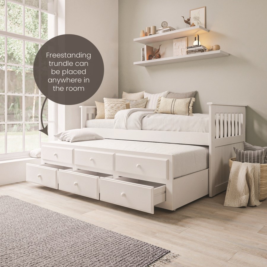 Single White Wooden Guest Bed with 3 Drawers and Trundle - Oxford