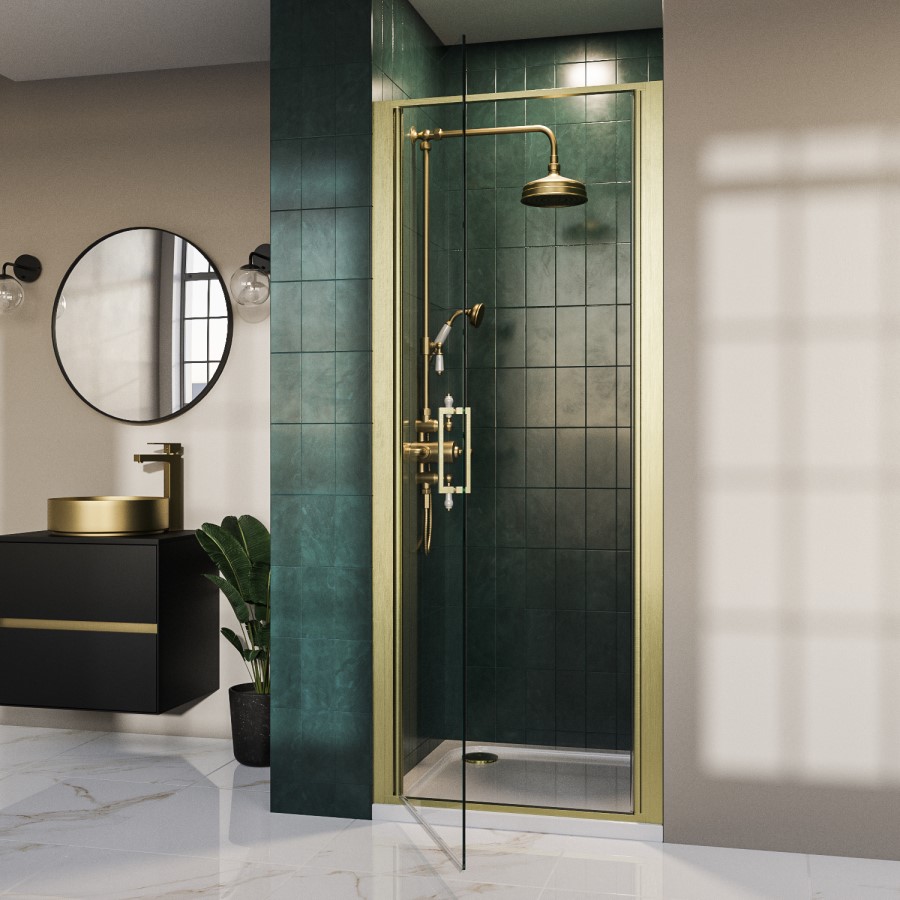 900mm Brushed Brass Hinged Door Shower Enclosure 8mm Glass - Pavo