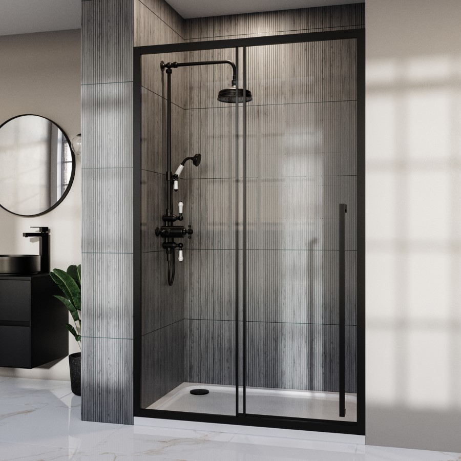 1200mm Black Sliding Door Shower Enclosure 8mm Glass with Extended Handle - Pavo