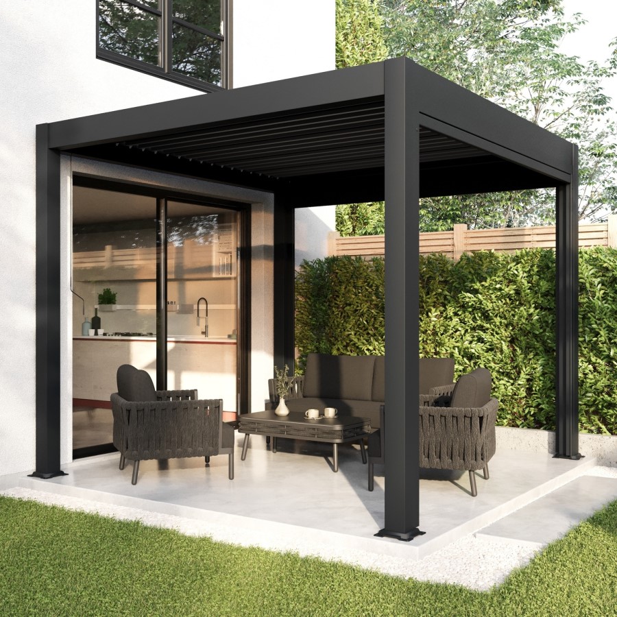 3 x 3m Heavy Duty Aluminium Charcoal Louvred Pergola with Solar LED Lighting & 2 Textilene Side Panels