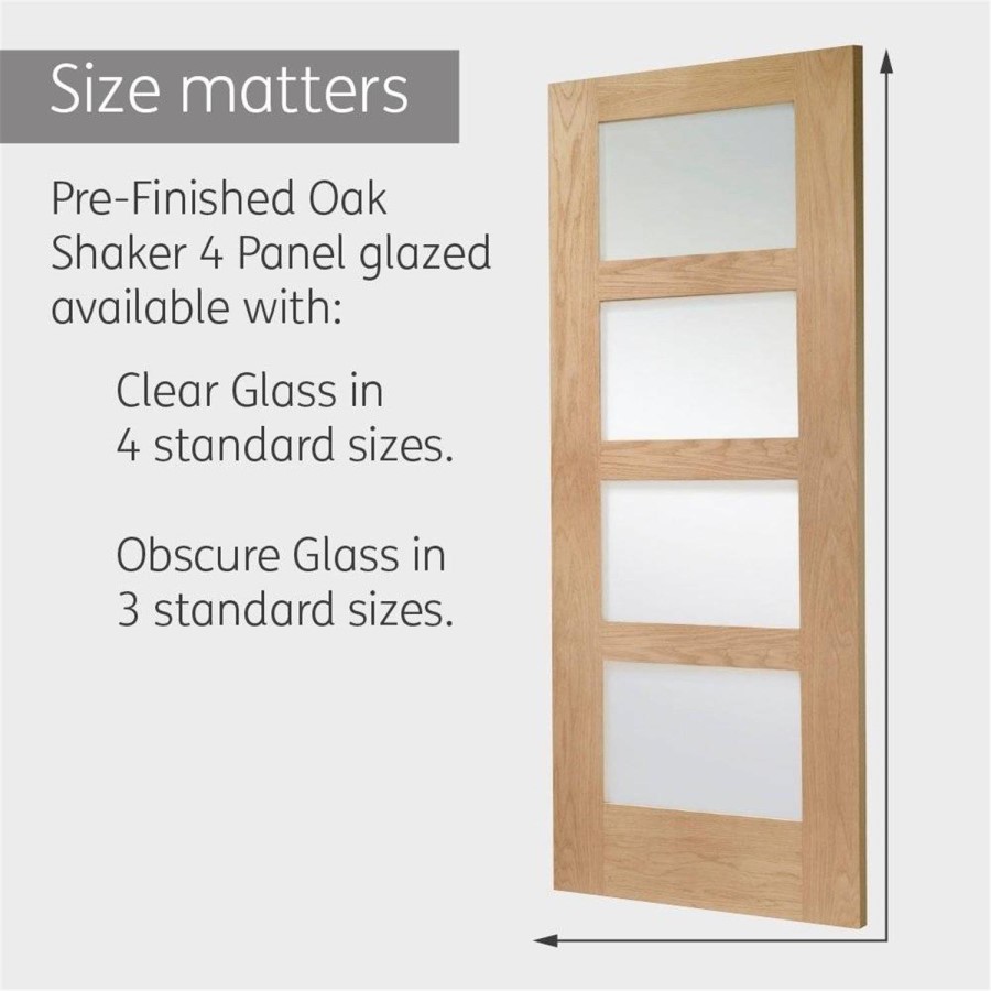 Internal Oak 4-Panel Shaker Door with Frosted Glass - Pre-Finished - 1981 x 838 x 35mm - 4 Light - XL Joinery