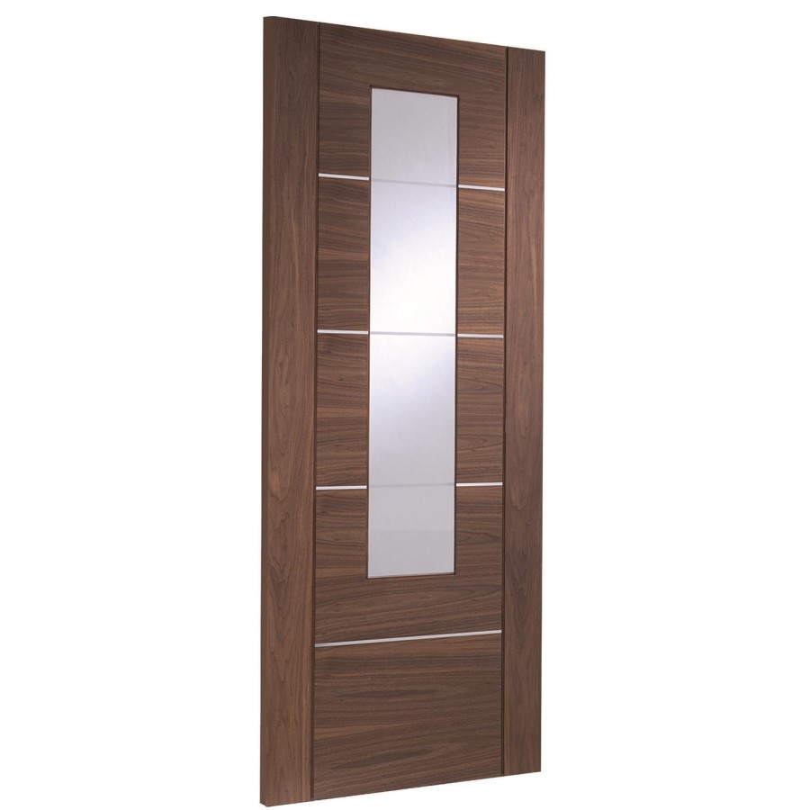 Internal Walnut Glazed Door with Clear Etched Glass and Aluminium Detail - Pre-Finished - 1981 x 686 x 35mm - Portici - XL Joinery