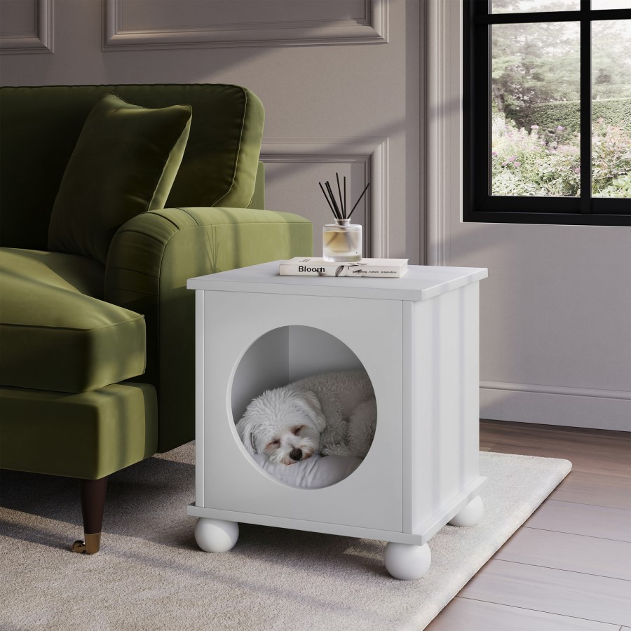 Elevated White Indoor Pet Home Side Table with Washable Quilted Cushion