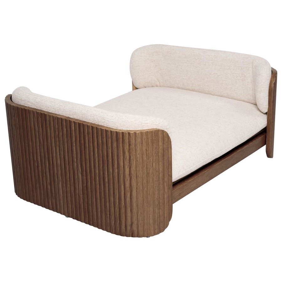 Beige Fabric Pet Bed with Walnut Ribbed Sides - Washable Cover