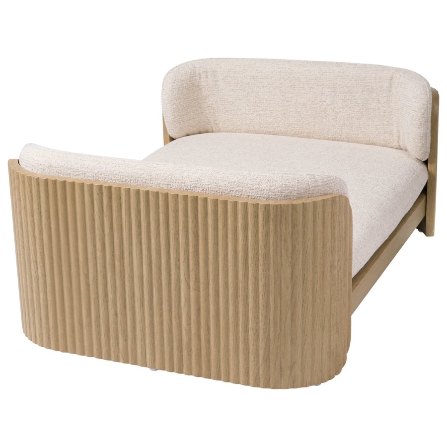 Large Beige Fabric Pet Bed with Oak Ribbed Sides - Washable Cover