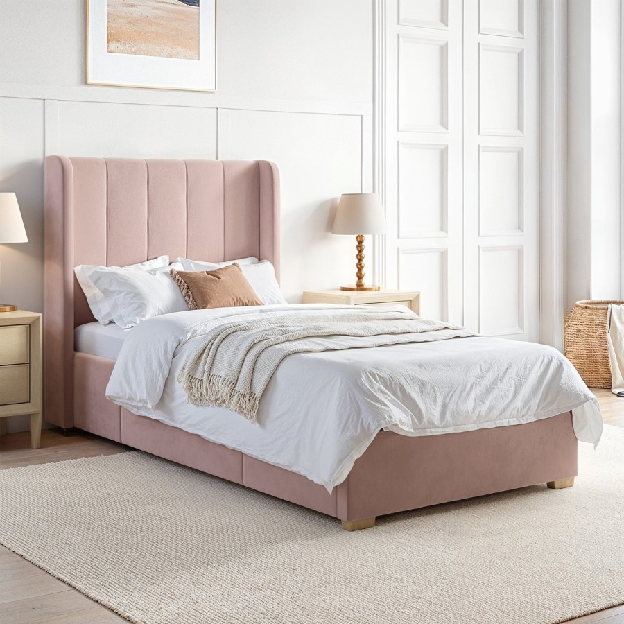 Pink Velvet Single Bed Frame with Storage Drawer - Phoebe