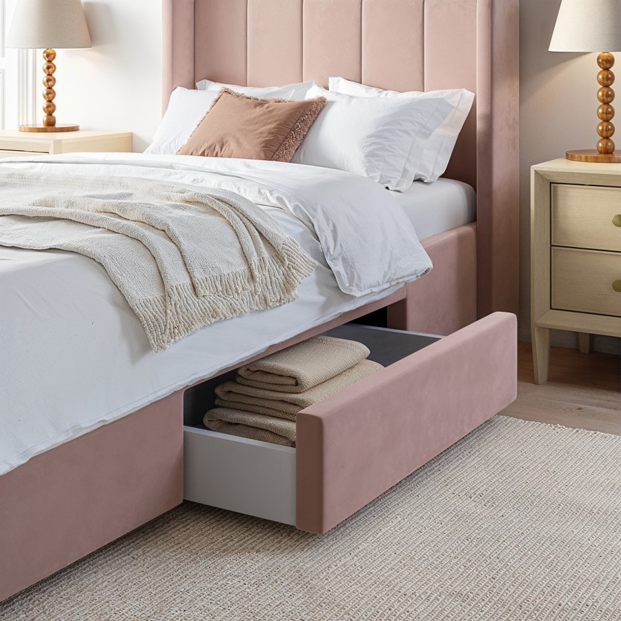 Pink Velvet Single Bed Frame with Storage Drawer - Phoebe