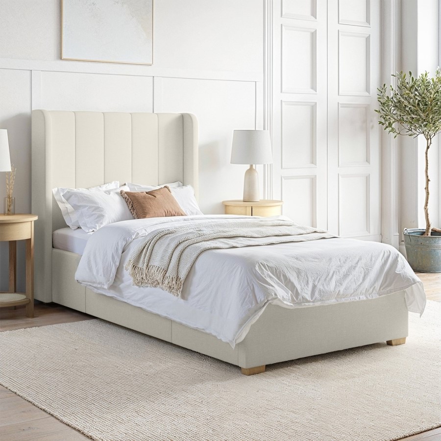 Cream Upholstered Single Bed Frame with Storage Drawer - Phoebe