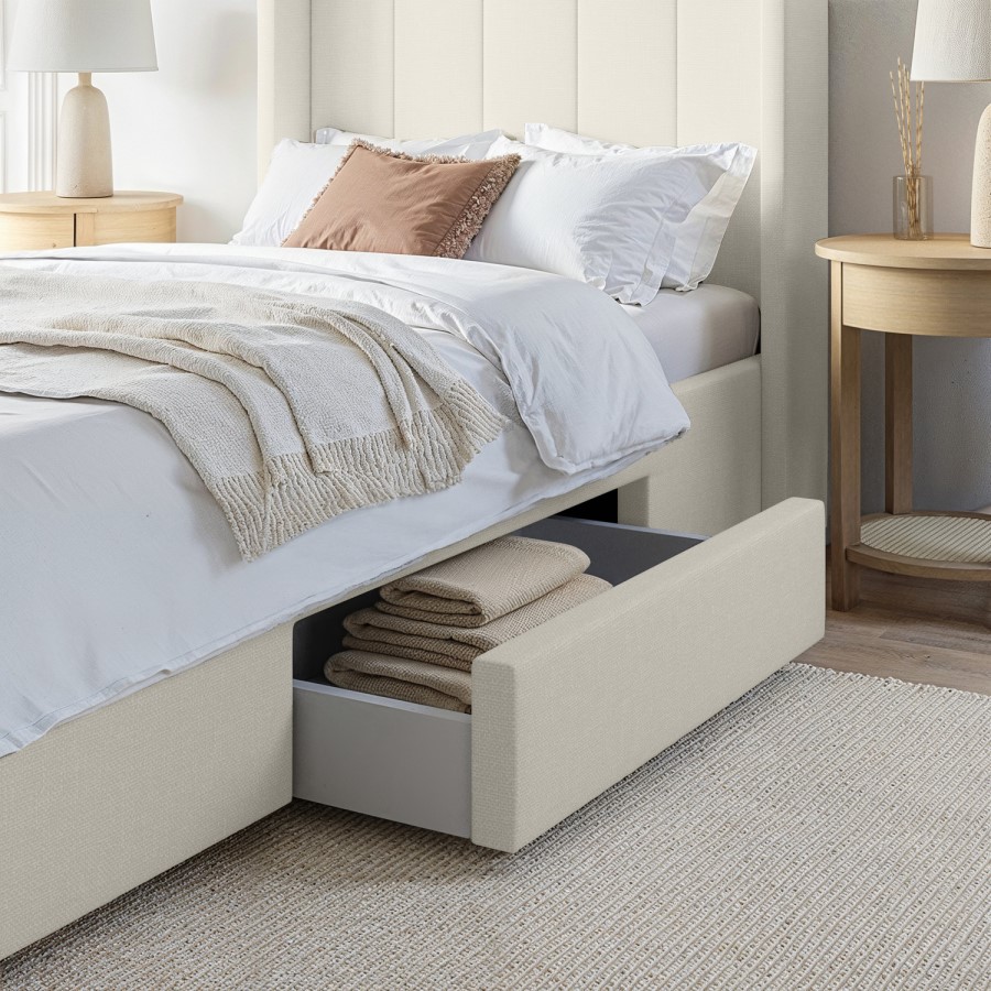 Cream Upholstered Single Bed Frame with Storage Drawer - Phoebe