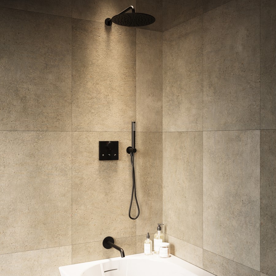 Matt Black Push Button 3 Outlet Concealed Mixer Shower Valve With Glass Front - Priya
