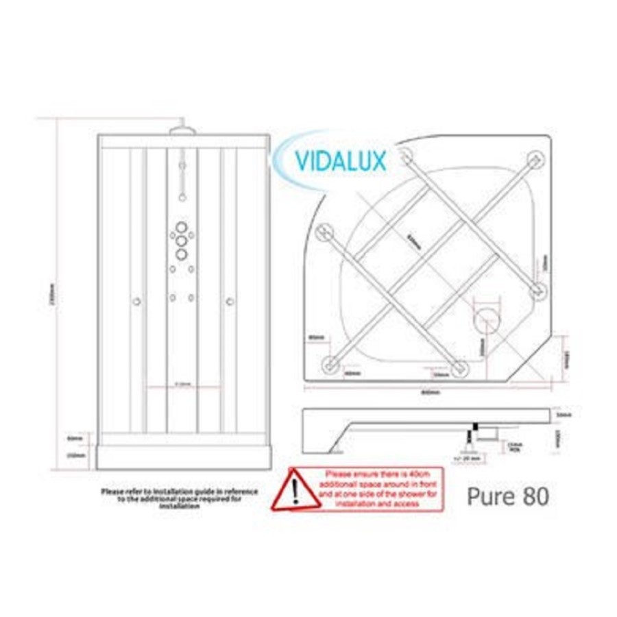 Vidalux Pure - 800x800mm Black Quadrant Shower Cabin with Hydro Shower Set with Shower Tray