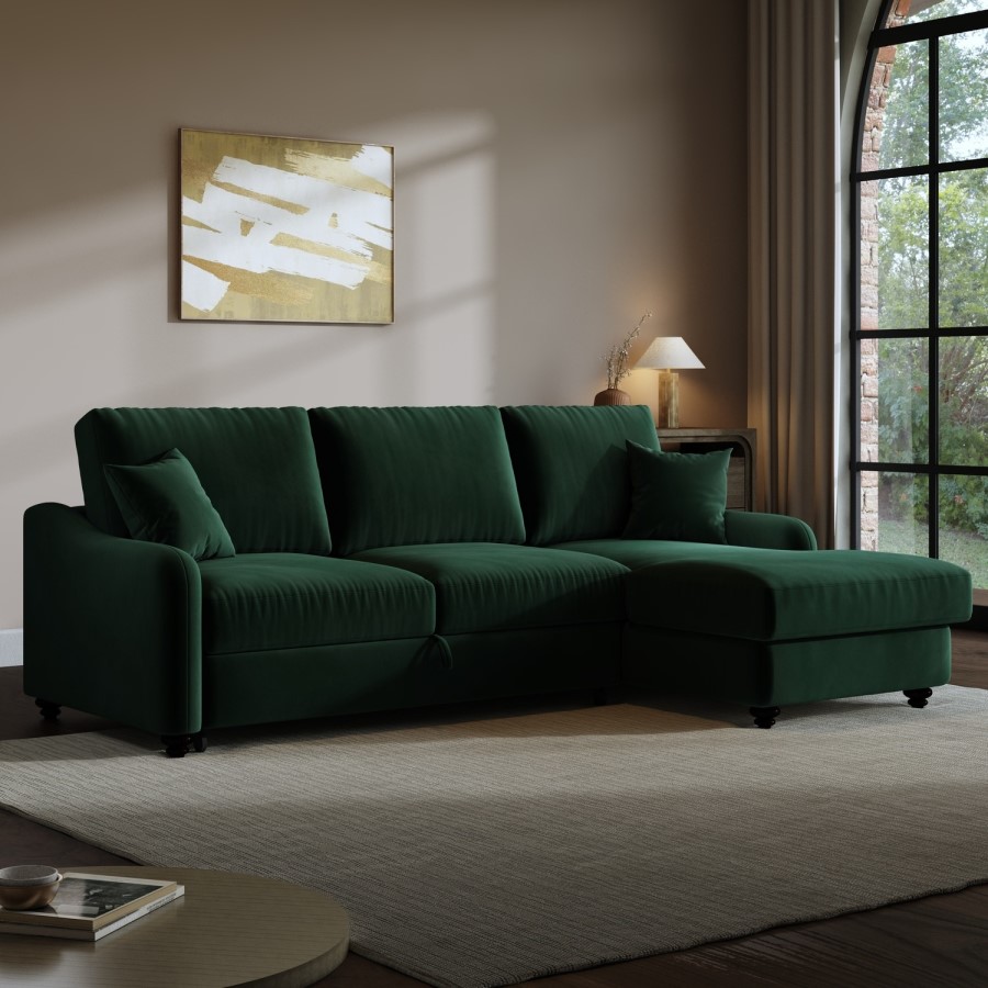 4 Seater Pull-Out Chaise Corner Sofa Bed with Storage in Dark Green Velvet - Quinn