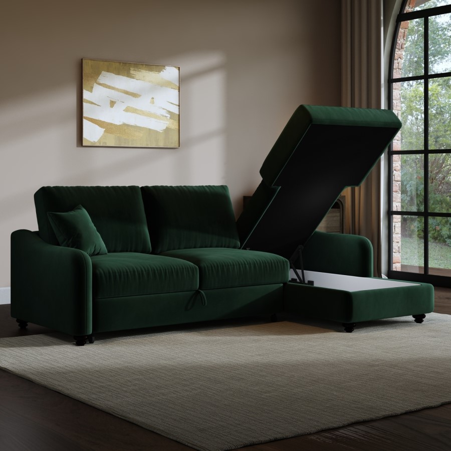 4 Seater Pull-Out Chaise Corner Sofa Bed with Storage in Dark Green Velvet - Quinn