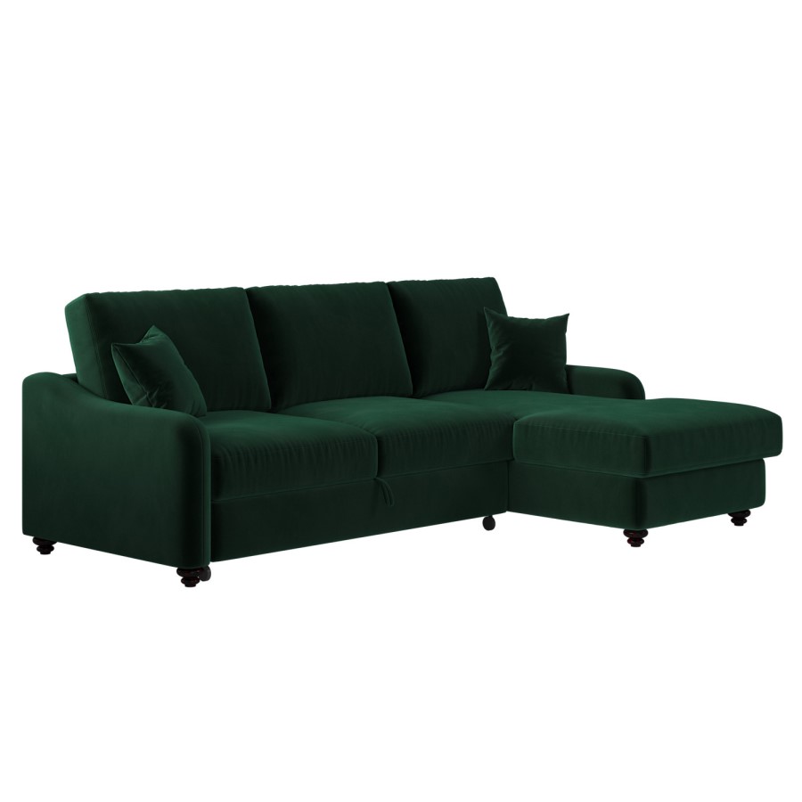 4 Seater Pull-Out Chaise Corner Sofa Bed with Storage in Dark Green Velvet - Quinn