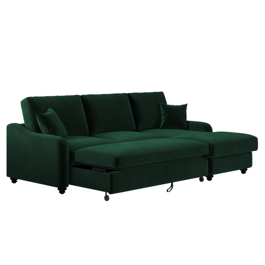4 Seater Pull-Out Chaise Corner Sofa Bed with Storage in Dark Green Velvet - Quinn