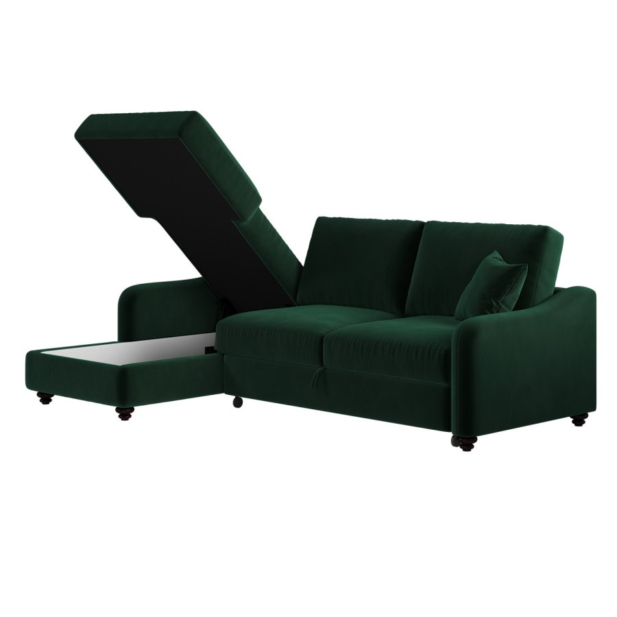 4 Seater Pull-Out Chaise Corner Sofa Bed with Storage in Dark Green Velvet - Quinn