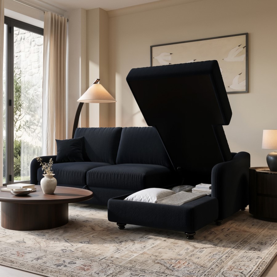 4 Seater Pull-Out Chaise Corner Sofa Bed with Storage in Navy Chenille - Quinn