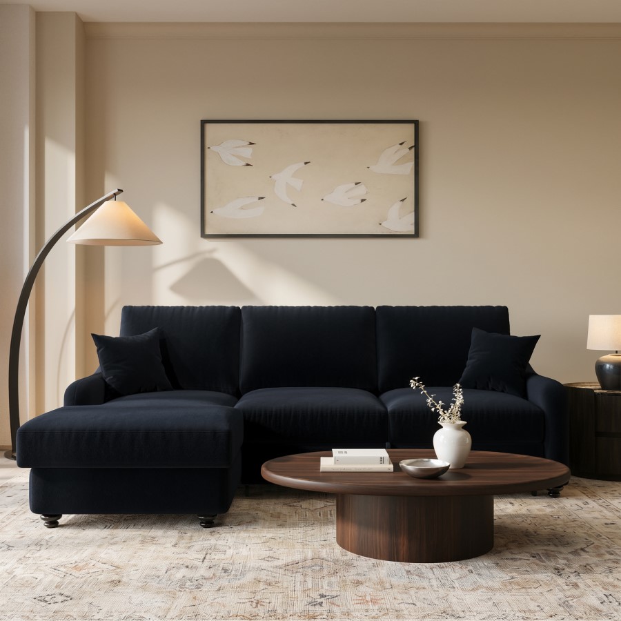 4 Seater Pull-Out Chaise Corner Sofa Bed with Storage in Navy Chenille - Quinn