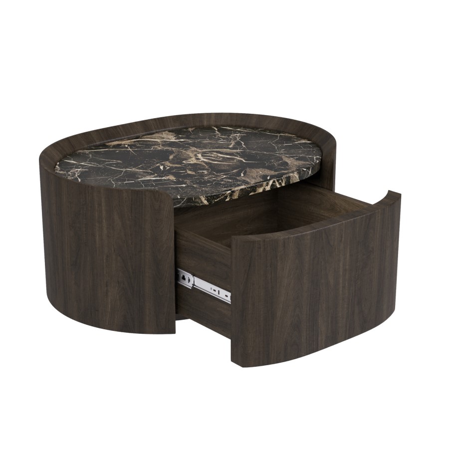 Walnut and Marble-Effect 1 Drawer Floating Bedside Table - Raffaele